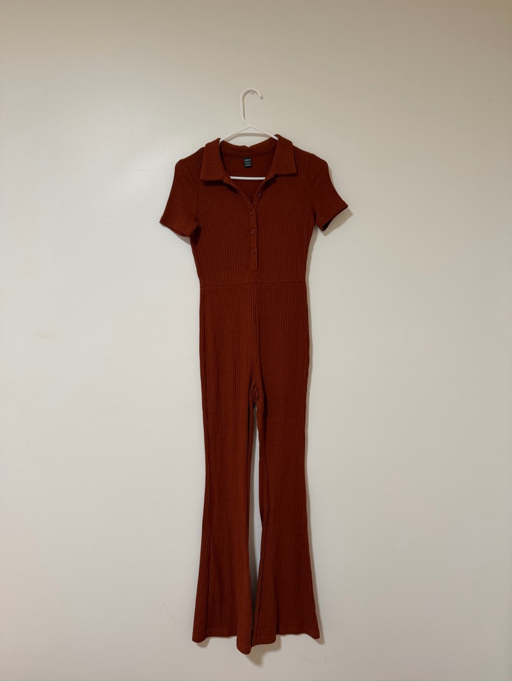 SHEIN Ribbed Polo Short-Sleeve Jumpsuit in Rust Brown